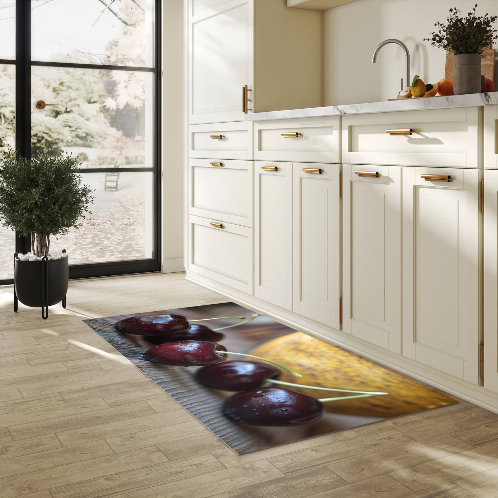 Abwaschbarer Küchenteppich mit Motiv Frische Kirschen in heller Küche