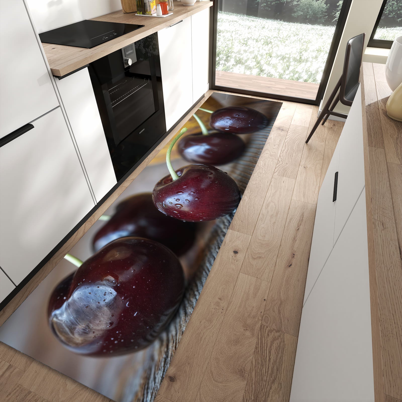 Formstabiler Küchenläufer mit Motiv Frische Kirschen in moderner Küche