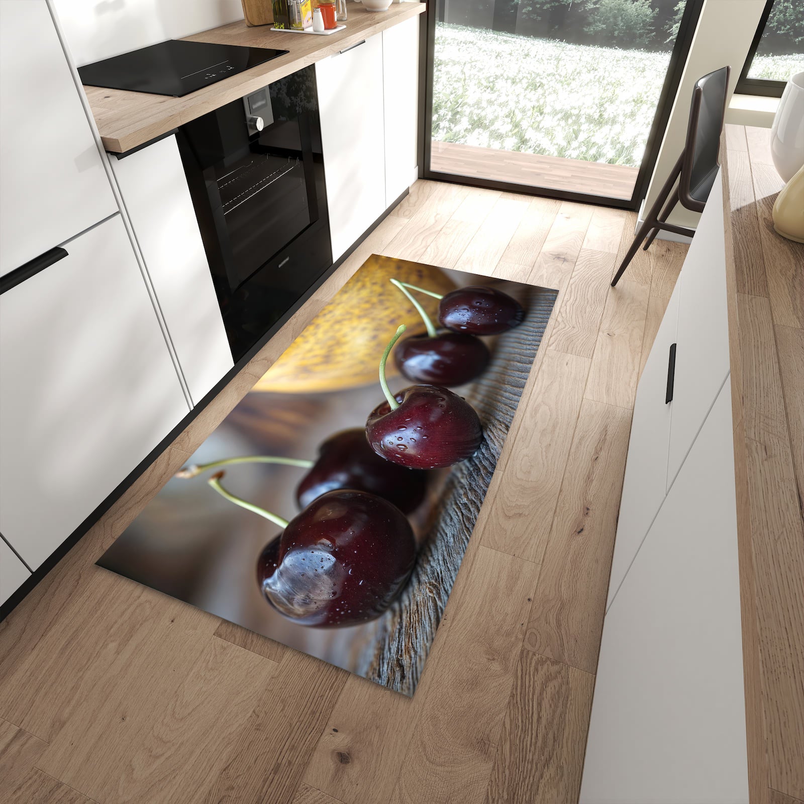 Abwaschbarer Küchenläufer mit Motiv Frische Kirschen in moderner Küche