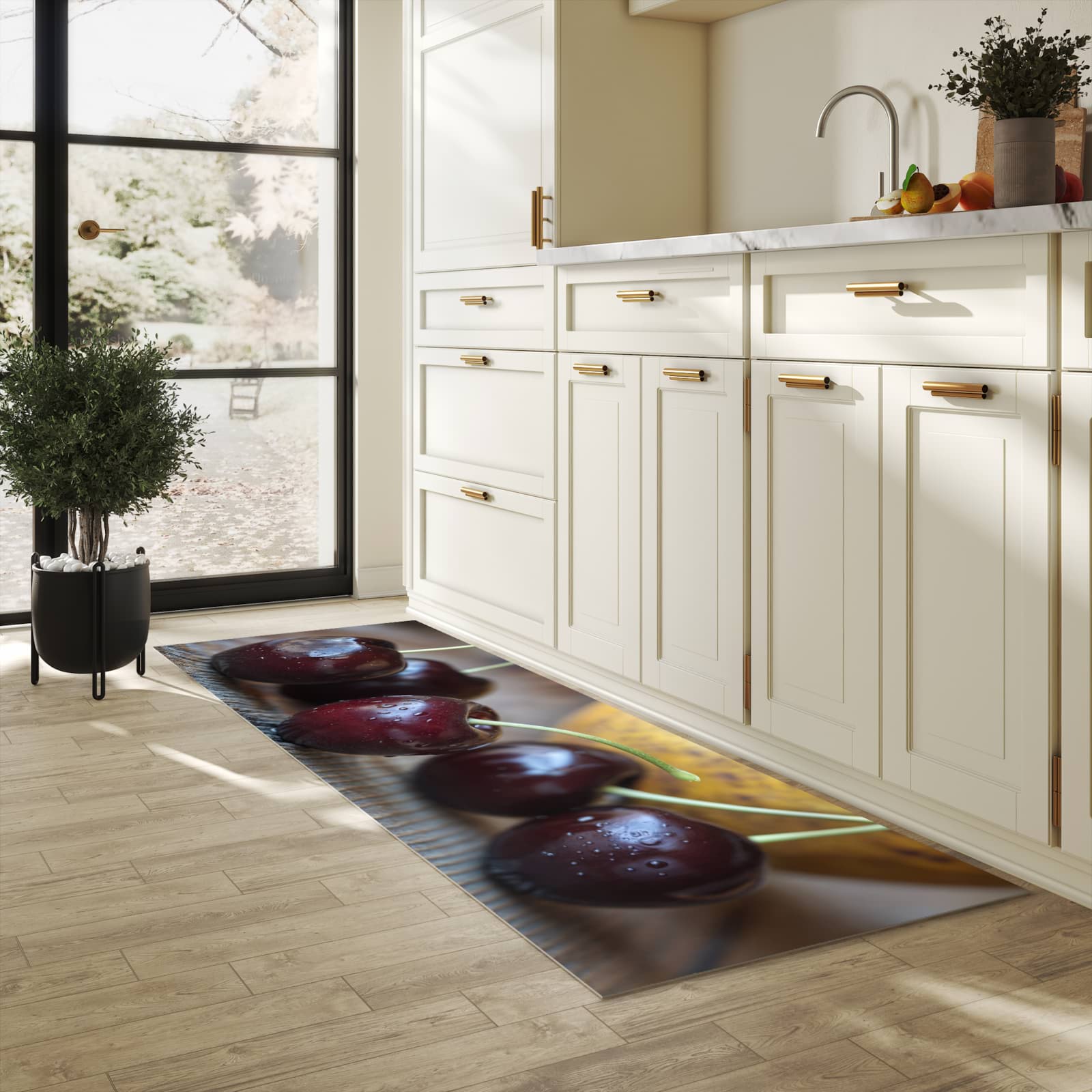 Pflegeleichter waschbarer Küchenläufer mit Motiv Frische Kirschen in heller Küche