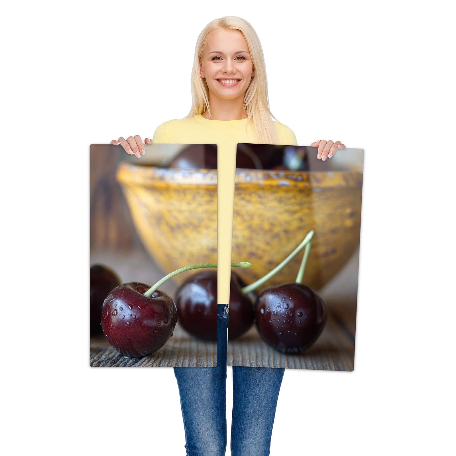 2-teilige Herdabdeckplatte Induktion mit Frische Kirschen-Motiv wird zur Größendarstellung gehalten