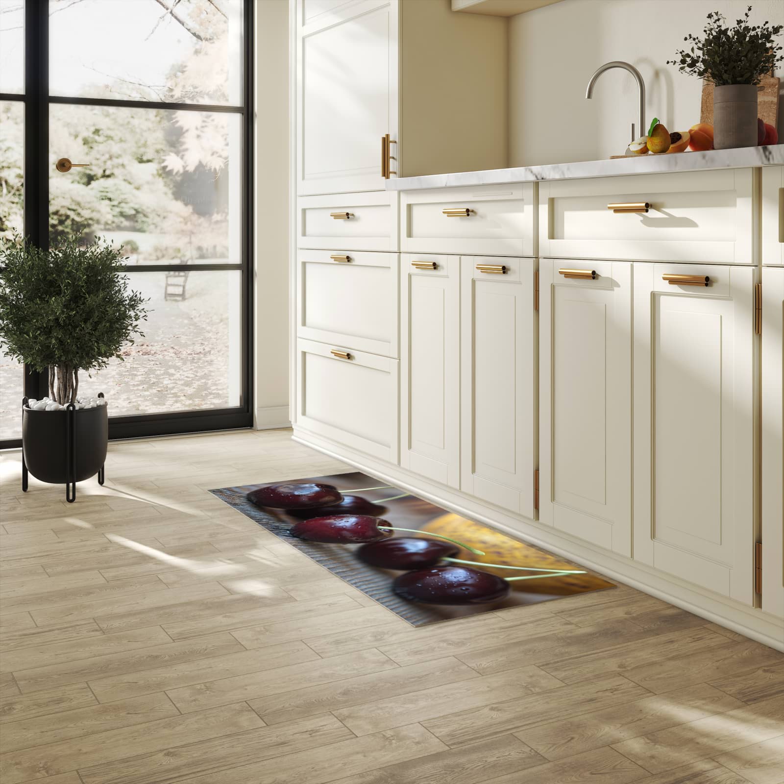 Wasserabweisender rutschfester Küchenläufer mit Motiv Frische Kirschen in heller Küche
