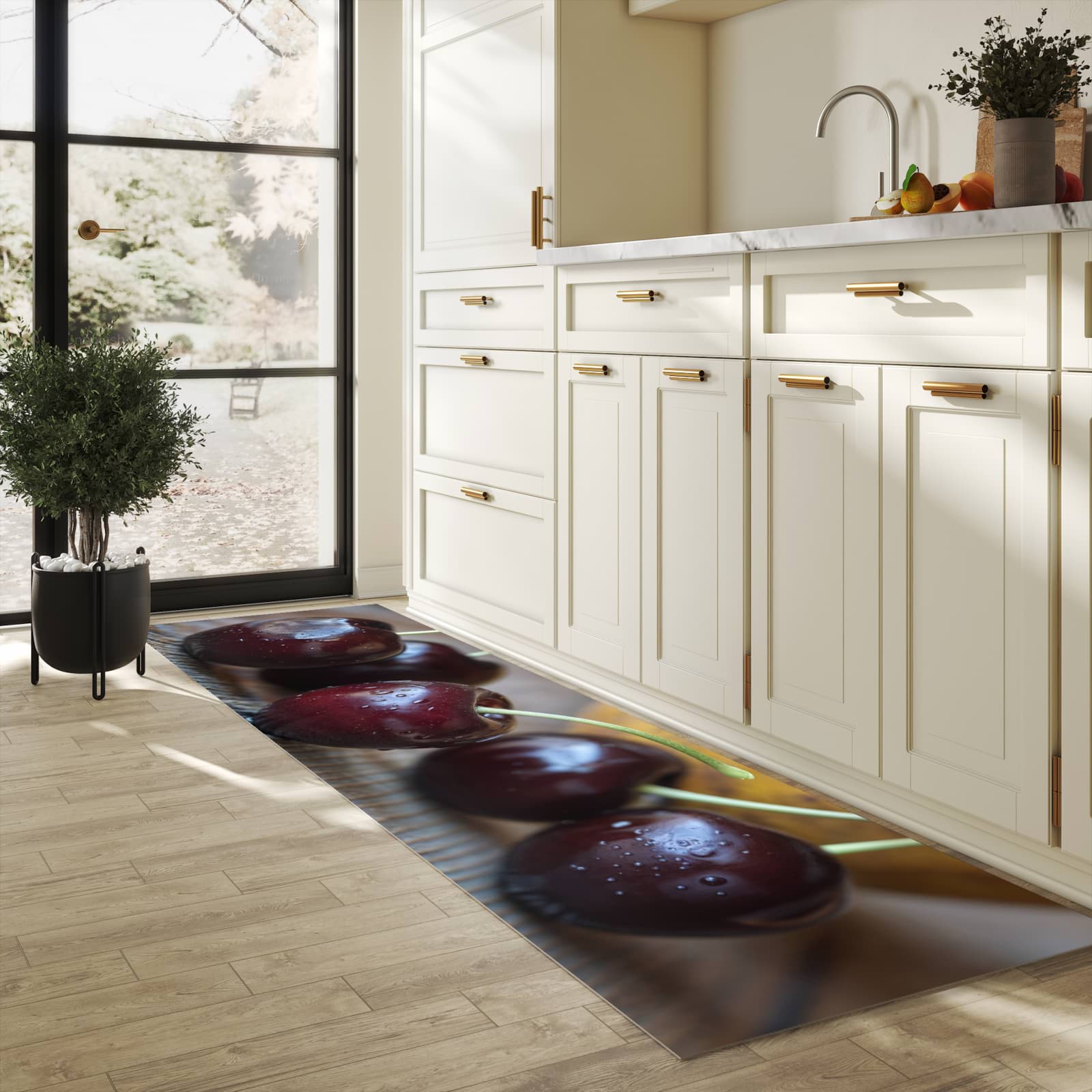 Rutschhemmender Küchenläufer mit Motiv Frische Kirschen in heller Küche