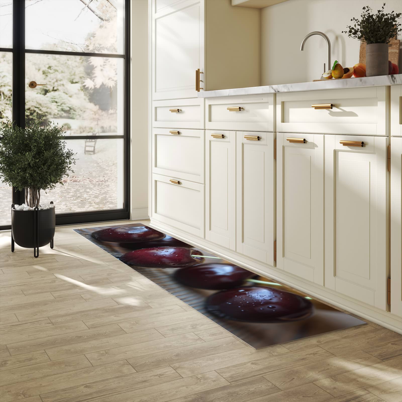 Geruchsneutraler rutschfester Küchenläufer mit Motiv Frische Kirschen in heller Küche