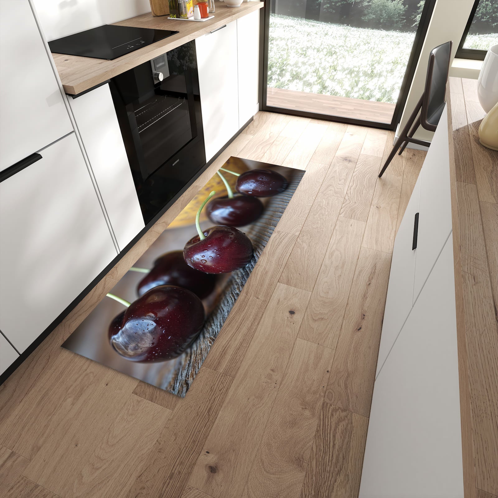 Langlebiger rutschfester Küchenläufer mit Motiv Frische Kirschen in moderner Küche