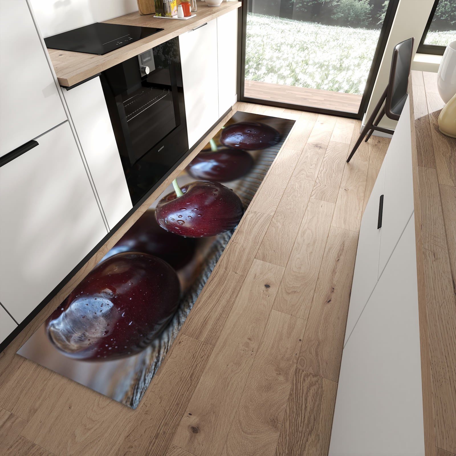Feuchtigkeitsresistenter waschbarer Küchenläufer mit Motiv Frische Kirschen in moderner Küche