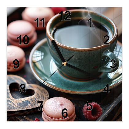 Wanduhr Quadratisch mit dem Motiv Kaffee mit Macarons