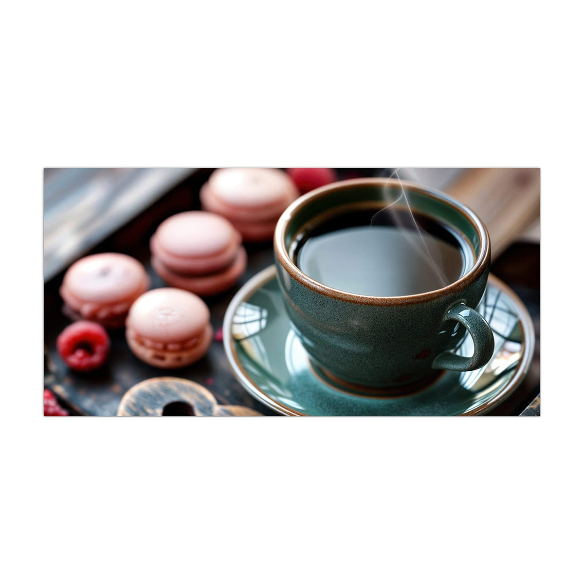 Küchenrückwand aus Glas Kaffee mit Macarons im Hochformat, Motiv bildfüllend von vorn