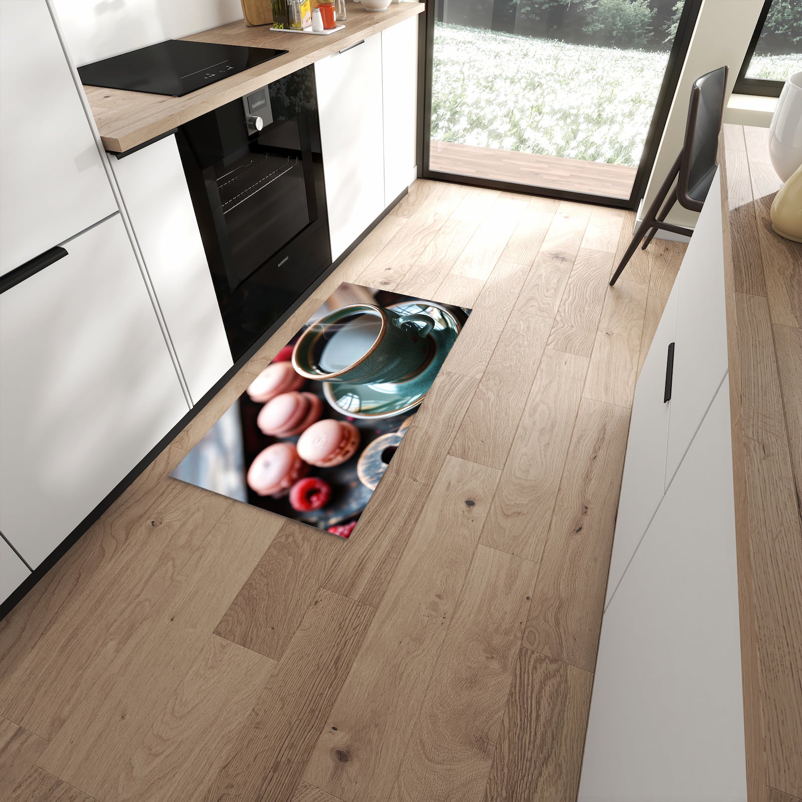 Komfortabler Bodenläufer-Teppich mit Motiv Kaffeepause Macarons in moderner Küche #grösse_60 x 120 cm