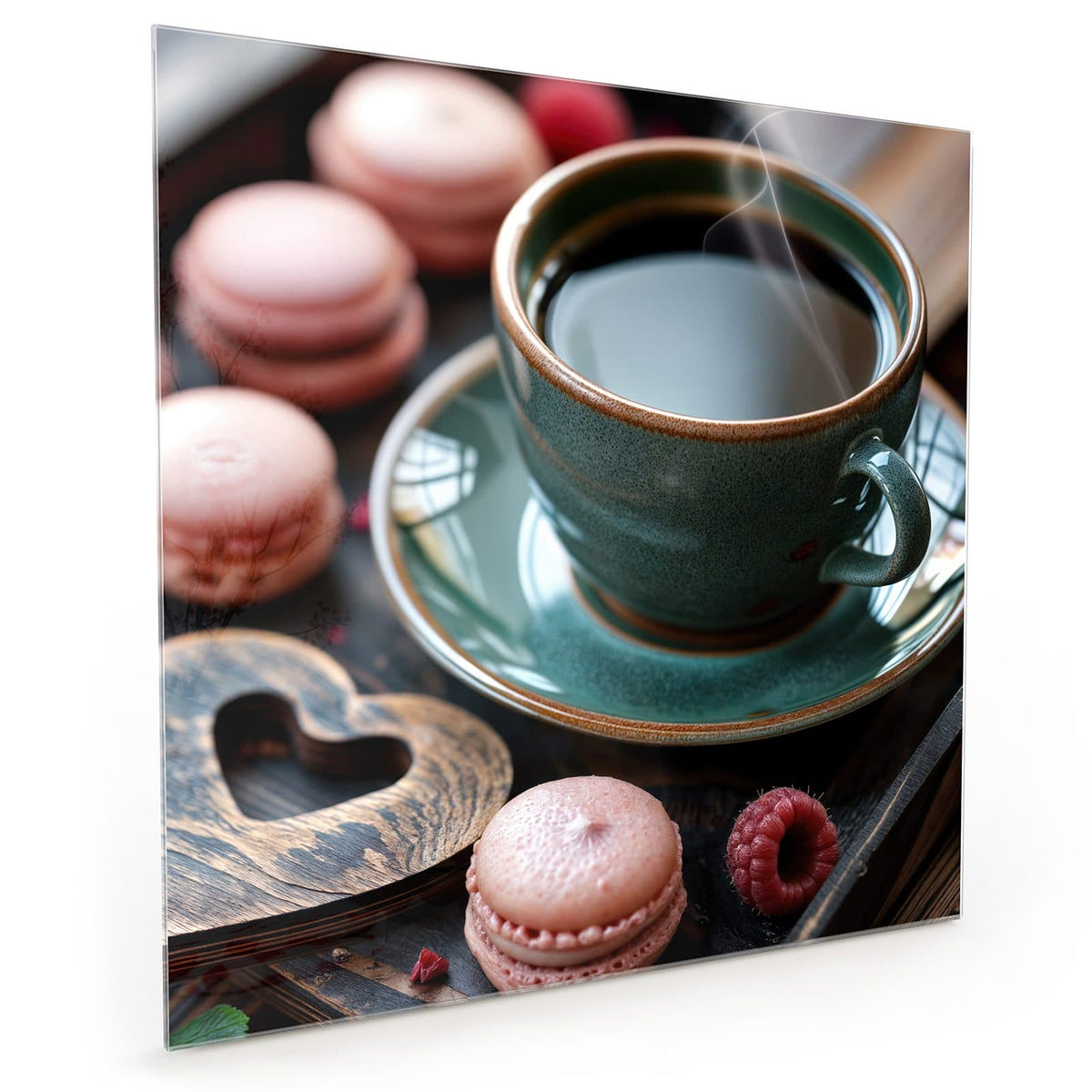 Küchenrückwand aus Glas im quadratischen Format: Grüne Steinguttasse mit schwarzem Kaffee, rosa Macarons, Himbeeren und Holzherz #grösse_40 x 40 cm #grösse_50 x 50 cm #grösse_60 x 60 cm