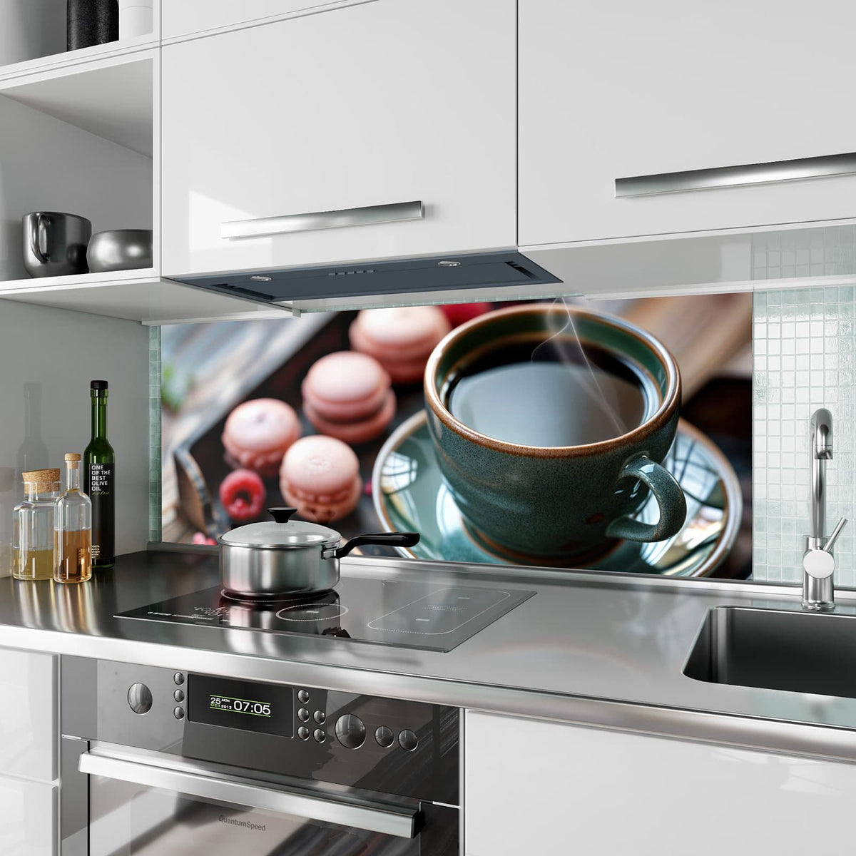 Küchenrückwand aus Glas Kaffee mit Macarons im Hochformat als Spritzschutz hinter dem Kochfeld, über dem Fliesenspiegel montiert