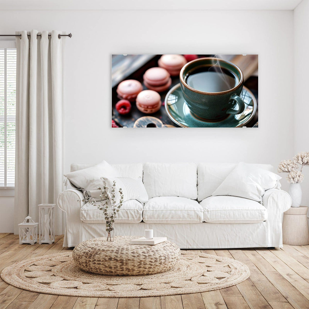 Wandbild - Kaffee mit Macarons - Querformat – Grüne Kaffeetasse mit rosa Macarons