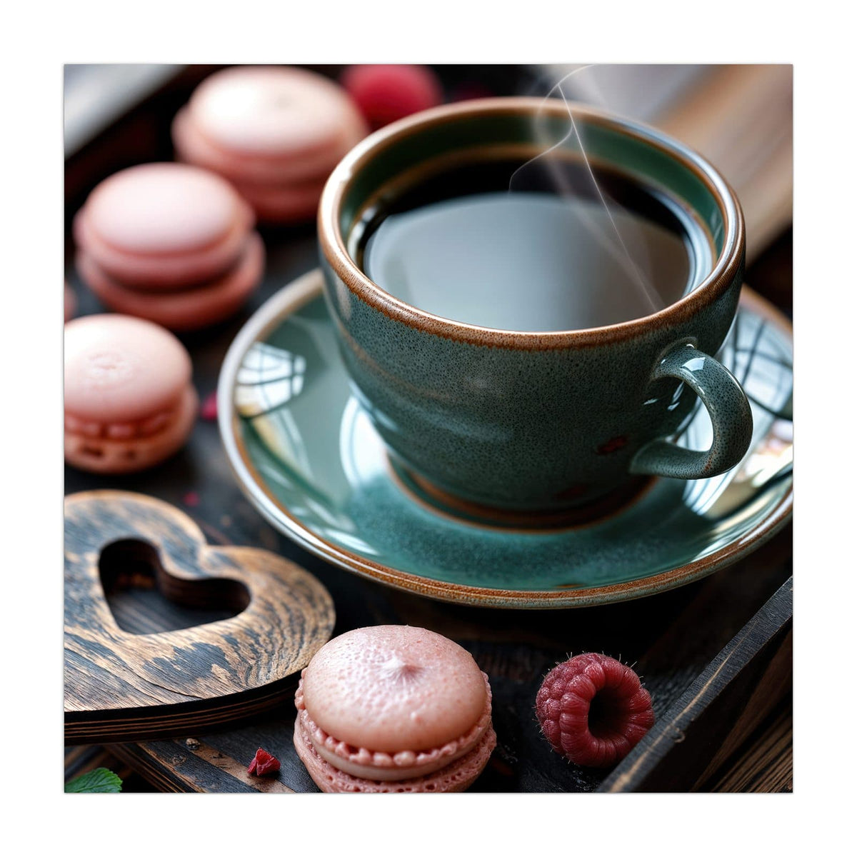 Küchenrückwand aus Glas Kaffee mit Macarons im quadratischen Format, Motiv bildfüllend von vorn #grösse_40 x 40 cm #grösse_50 x 50 cm #grösse_60 x 60 cm