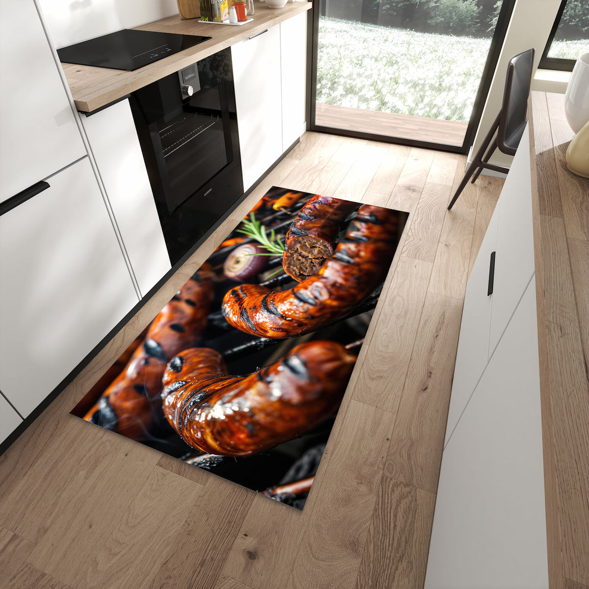 Abriebfester rutschfester Küchenteppich mit Motiv Grillwurst B B Q in moderner Küche
