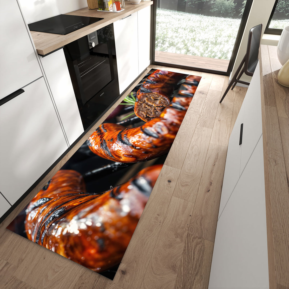 Waschbarer Teppich fürs Esszimmer mit Motiv Grillwurst B B Q in moderner Küche