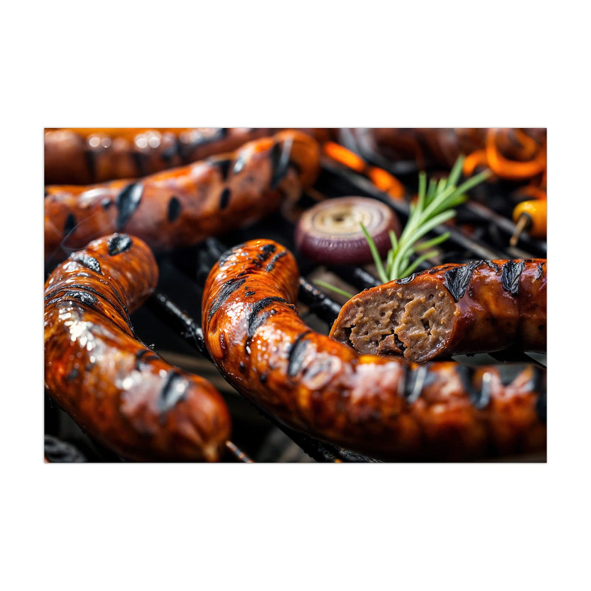 Küchenrückwand aus Glas Bratwurst vom Grill im Hochformat, Motiv bildfüllend von vorn