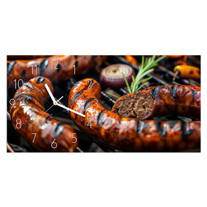 Wanduhr Grillwurst BBQ aus Glas – Querformat 60 × 30 cm mit Ziffernblatt Elegant