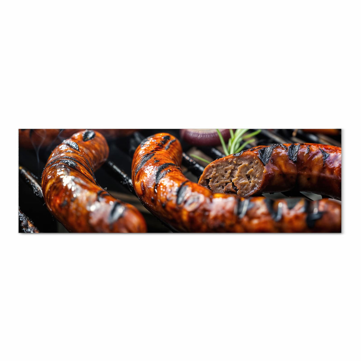 Geruchsneutraler großer Küchenteppich mit Motiv Grillwurst B B Q in Frontansicht