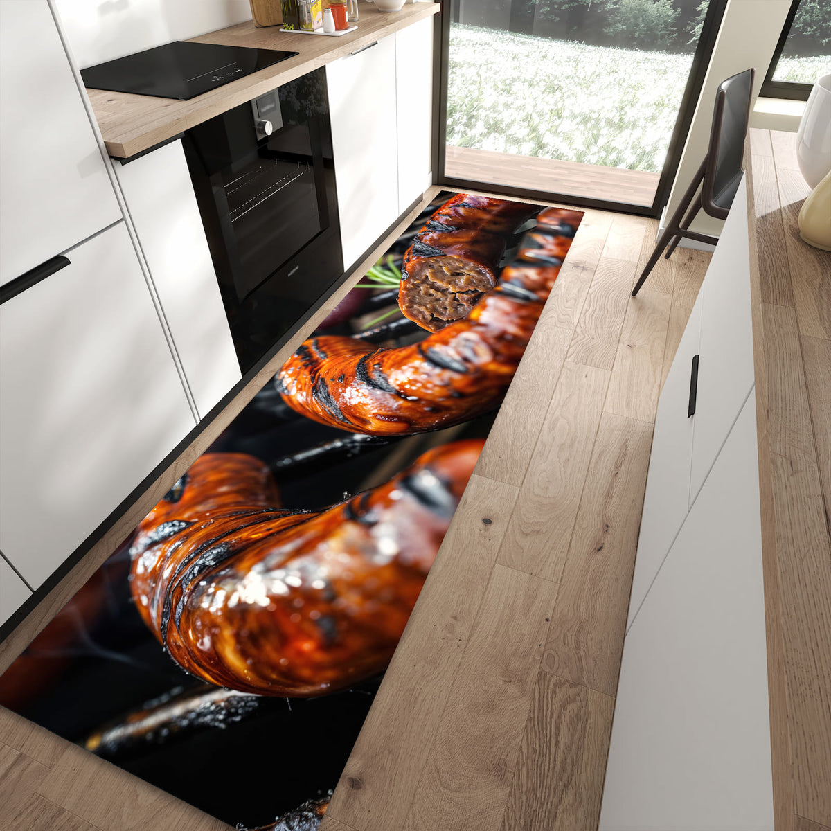 Geräuschdämpfender Teppich für Esstisch mit Motiv Grillwurst B B Q in moderner Küche