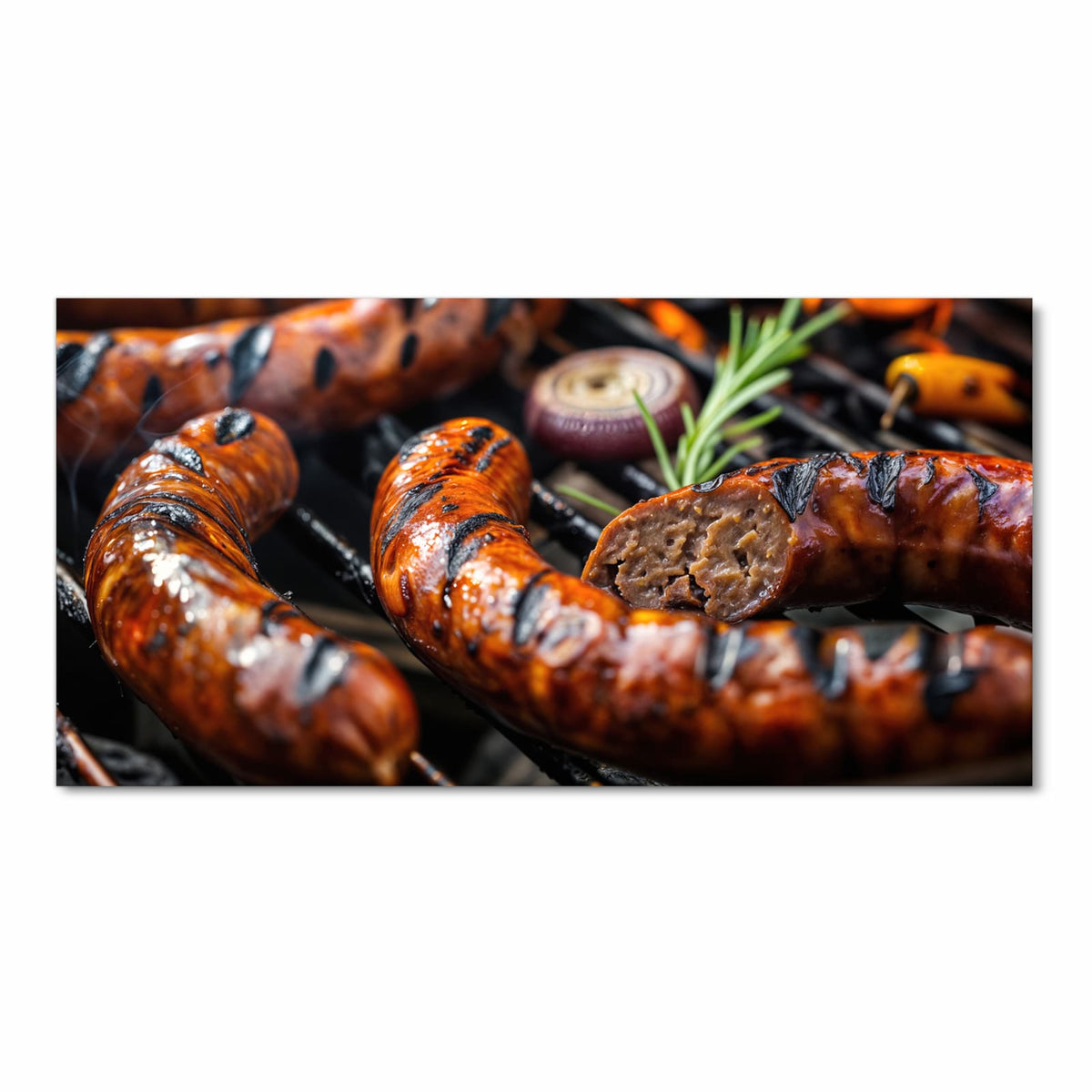 Geräuschdämpfender Küchenteppich mit Motiv Grillwurst B B Q in Frontansicht