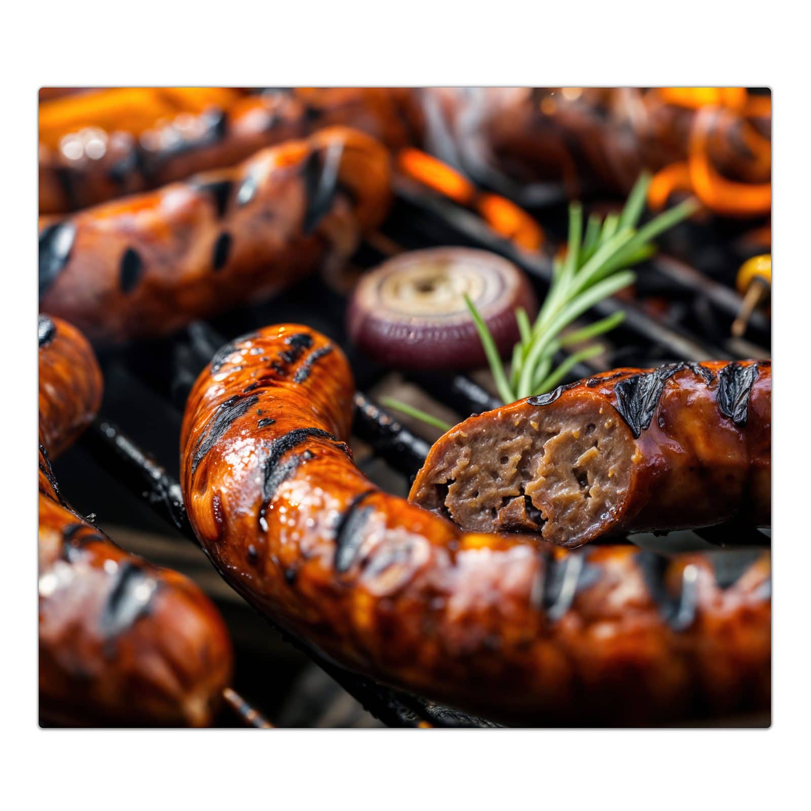 1-teilige Herdabdeckplatte mit Grillwurst BBQ-Motiv in der Frontansicht #grösse_1-Teilig (60x52cm)