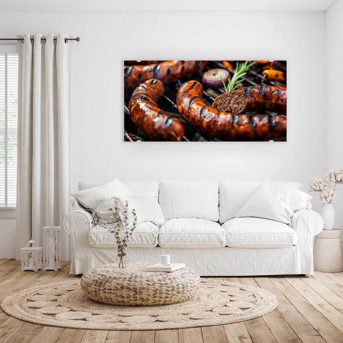 Wandbild - Bratwurst vom Grill - Querformat – Bratwürste mit Grillstreifen auf dem Rost
