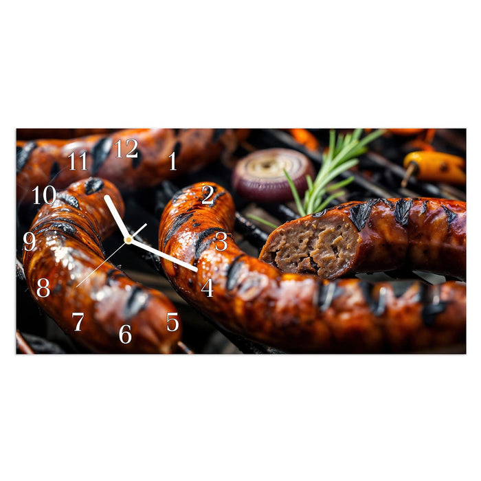 Wanduhr Grillwurst BBQ aus Glas – Querformat 60 × 30 cm mit Ziffernblatt Klassisch