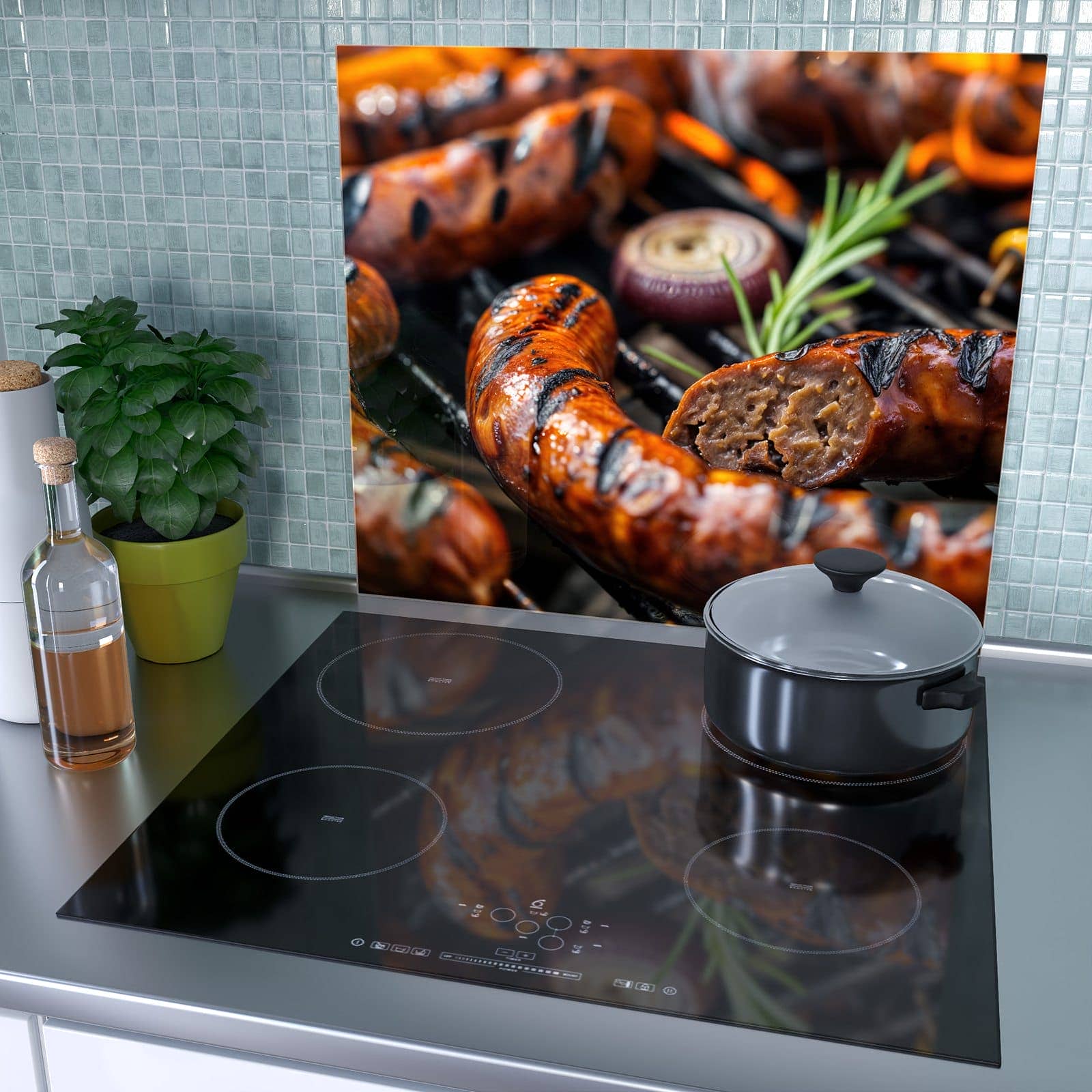 1-teilige Herdabdeckplatte aus Glas mit Grillwurst BBQ-Motiv als Spritzschutz hinter dem Kochfeld