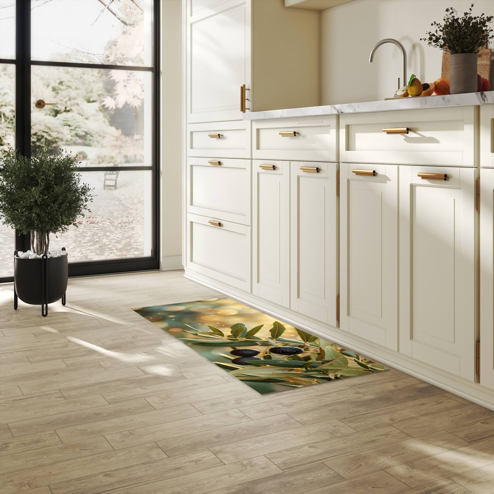 Küchenteppich mit Motiv Olivenzweig für Ordnung & Übersicht in heller Küche