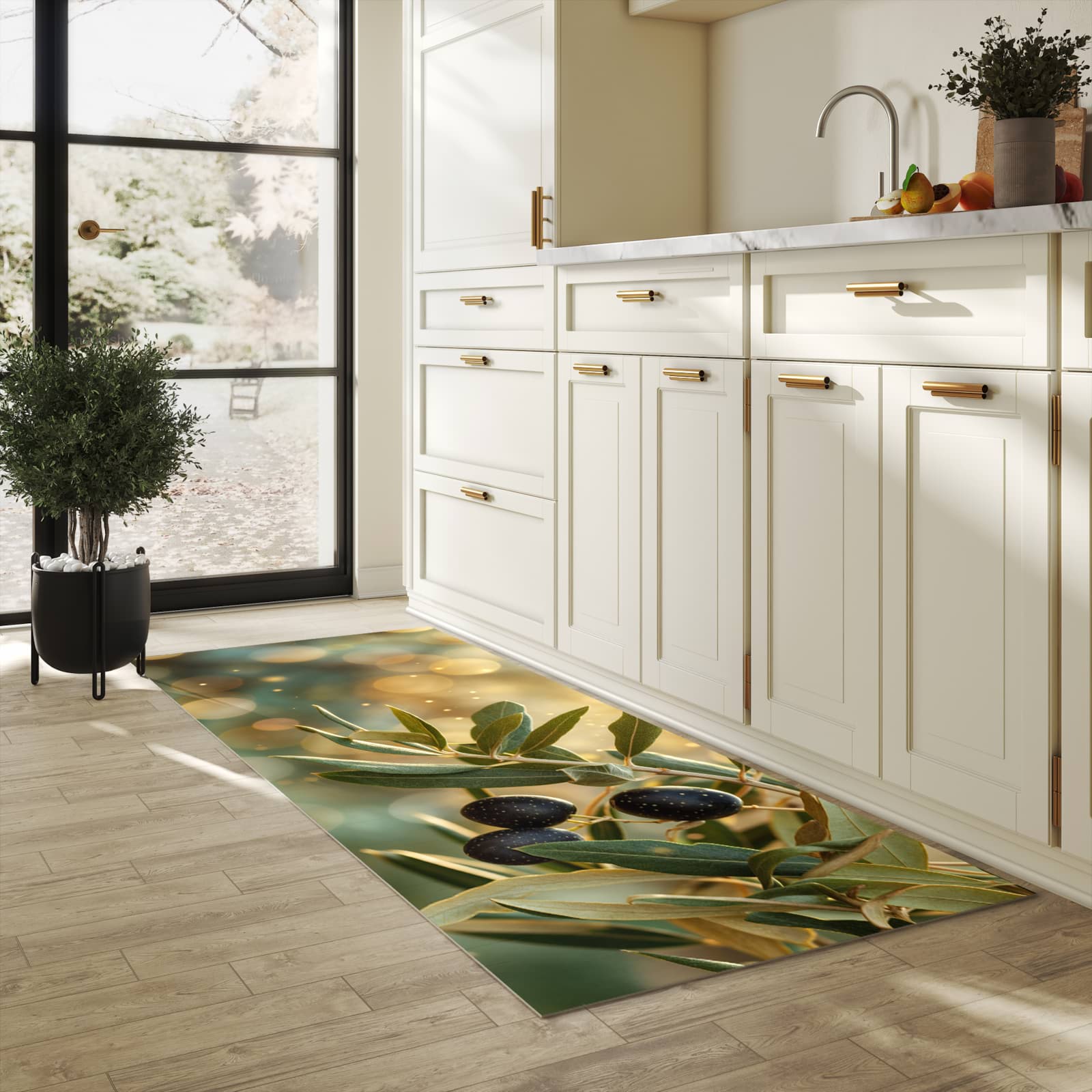 Fleckenresistenter waschbarer Läufer mit Motiv Olivenzweig in heller Küche