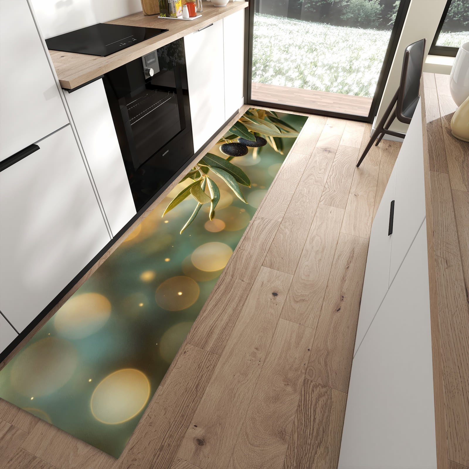 Pflegeleichter Läufer für die Küche mit Motiv Olivenzweig in moderner Küche