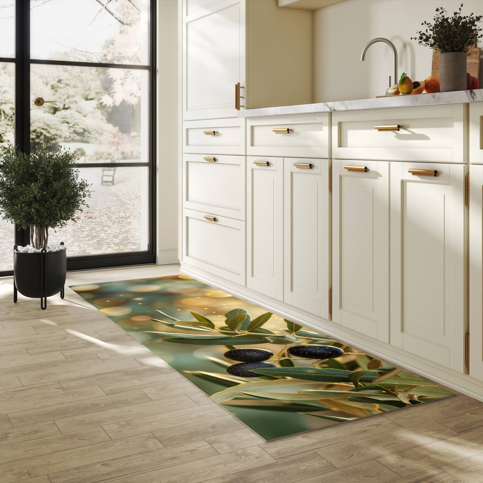 Abriebfester waschbarer Teppich Küche mit Motiv Olivenzweig in heller Küche