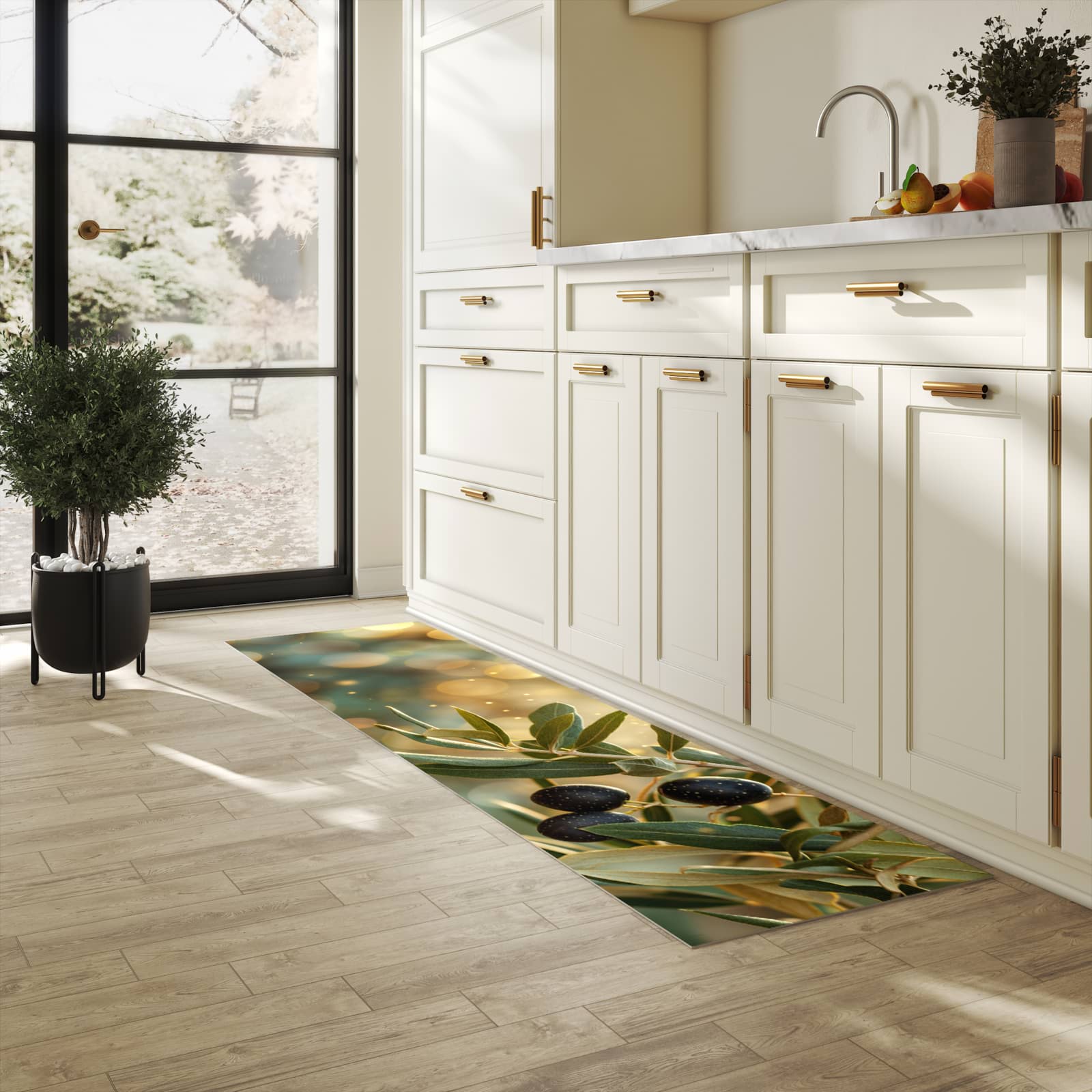 Farbbeständiger Läufer für die Küche mit Motiv Olivenzweig in heller Küche