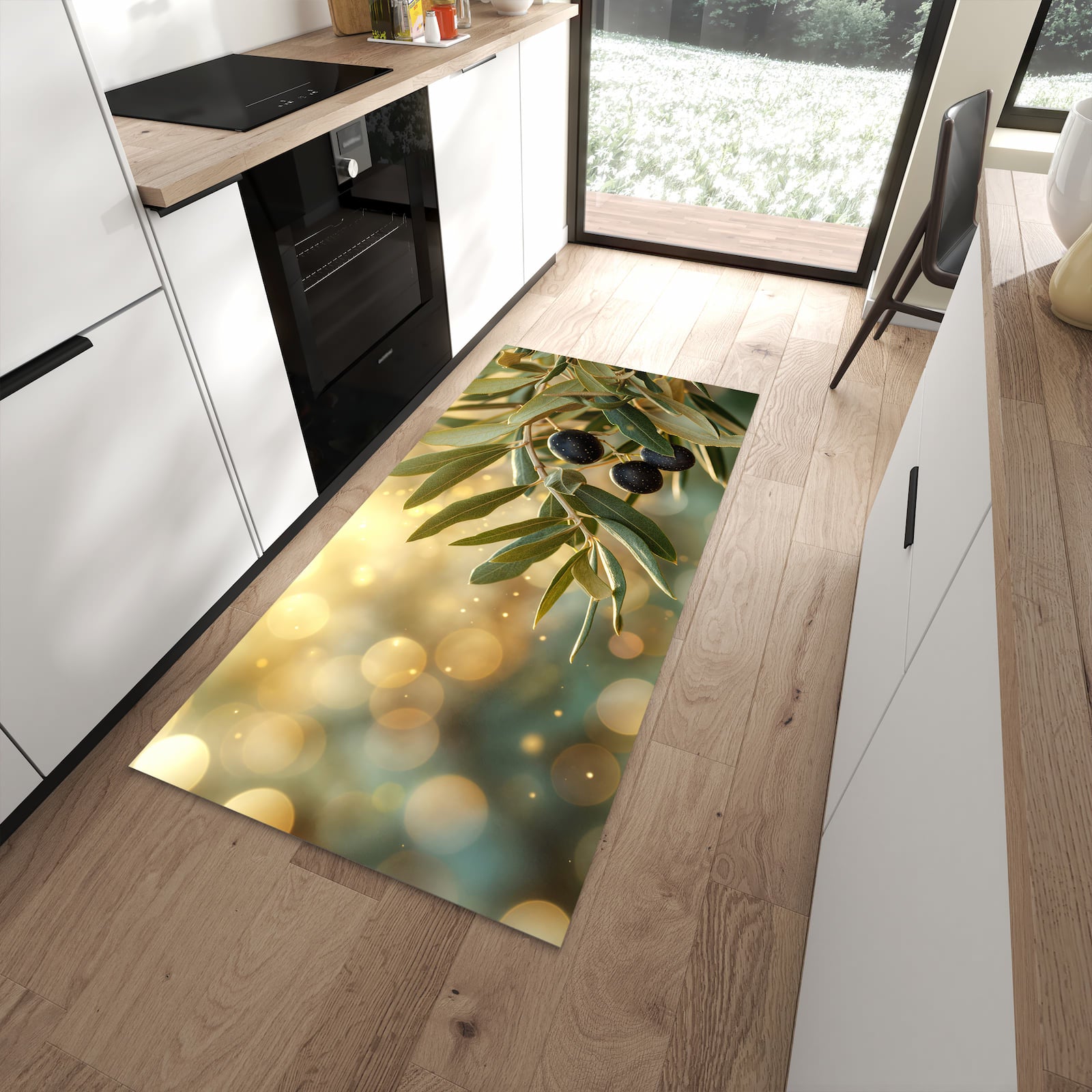 Strapazierfähiger Küchenläufer mit Motiv Olivenzweig in moderner Küche