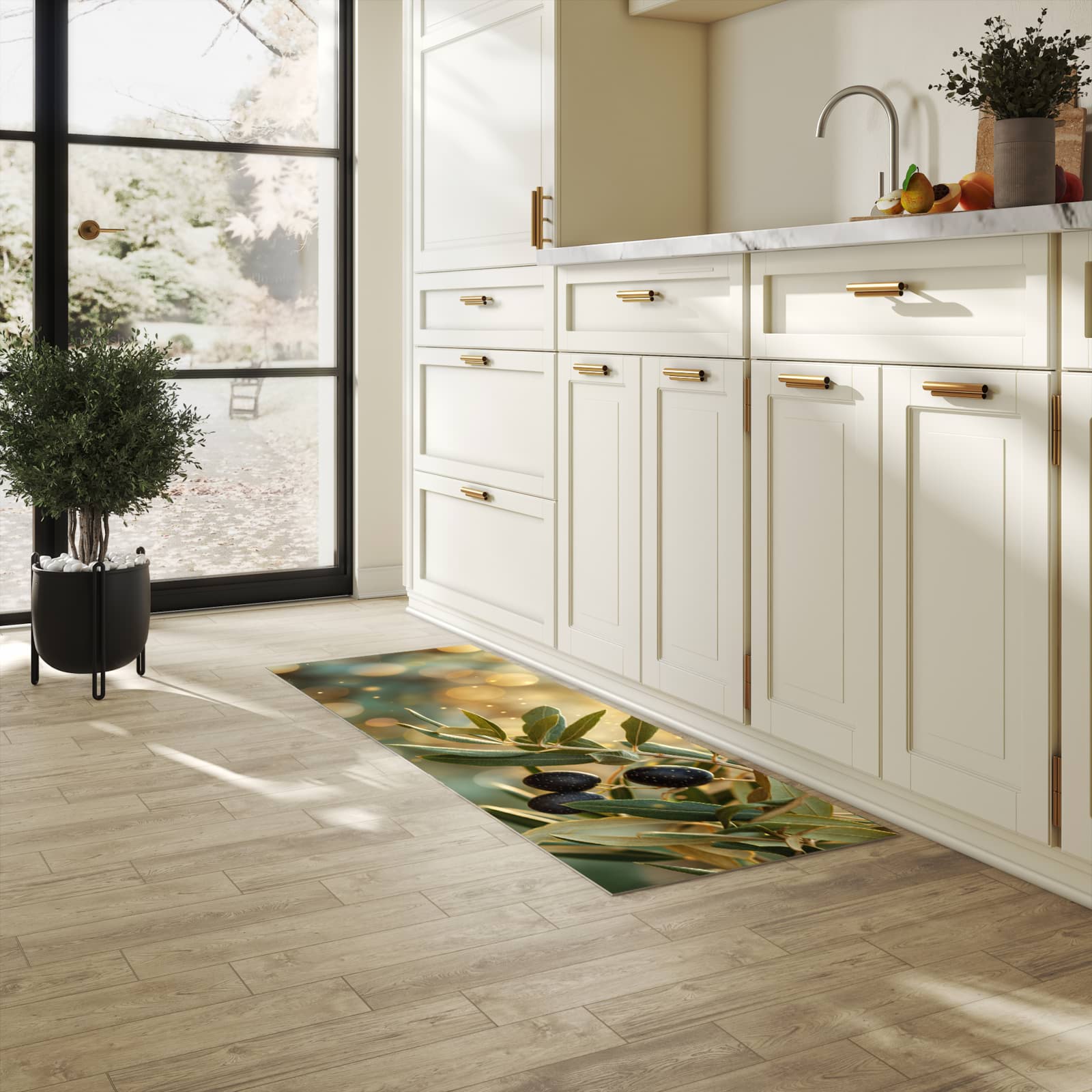 Bodenschonender Küchenteppich mit Motiv Olivenzweig in heller Küche