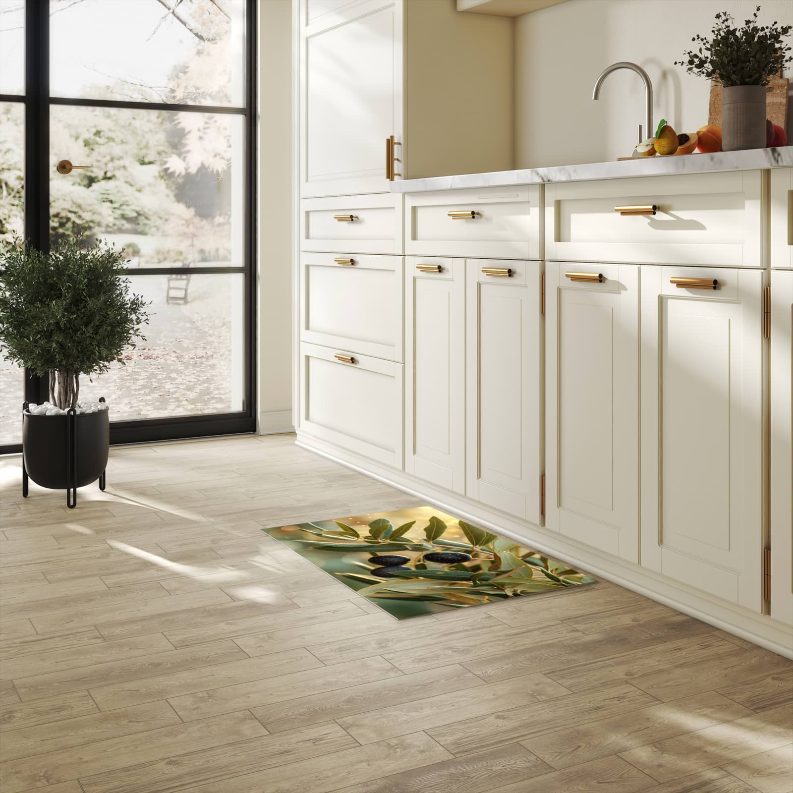 Zeitsparender Küchenteppich mit Motiv Olivenzweig in heller Küche