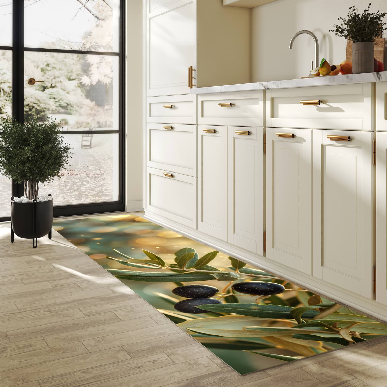 Komfortabler Küchenläufer mit Motiv Olivenzweig in heller Küche für angenehmes Stehen