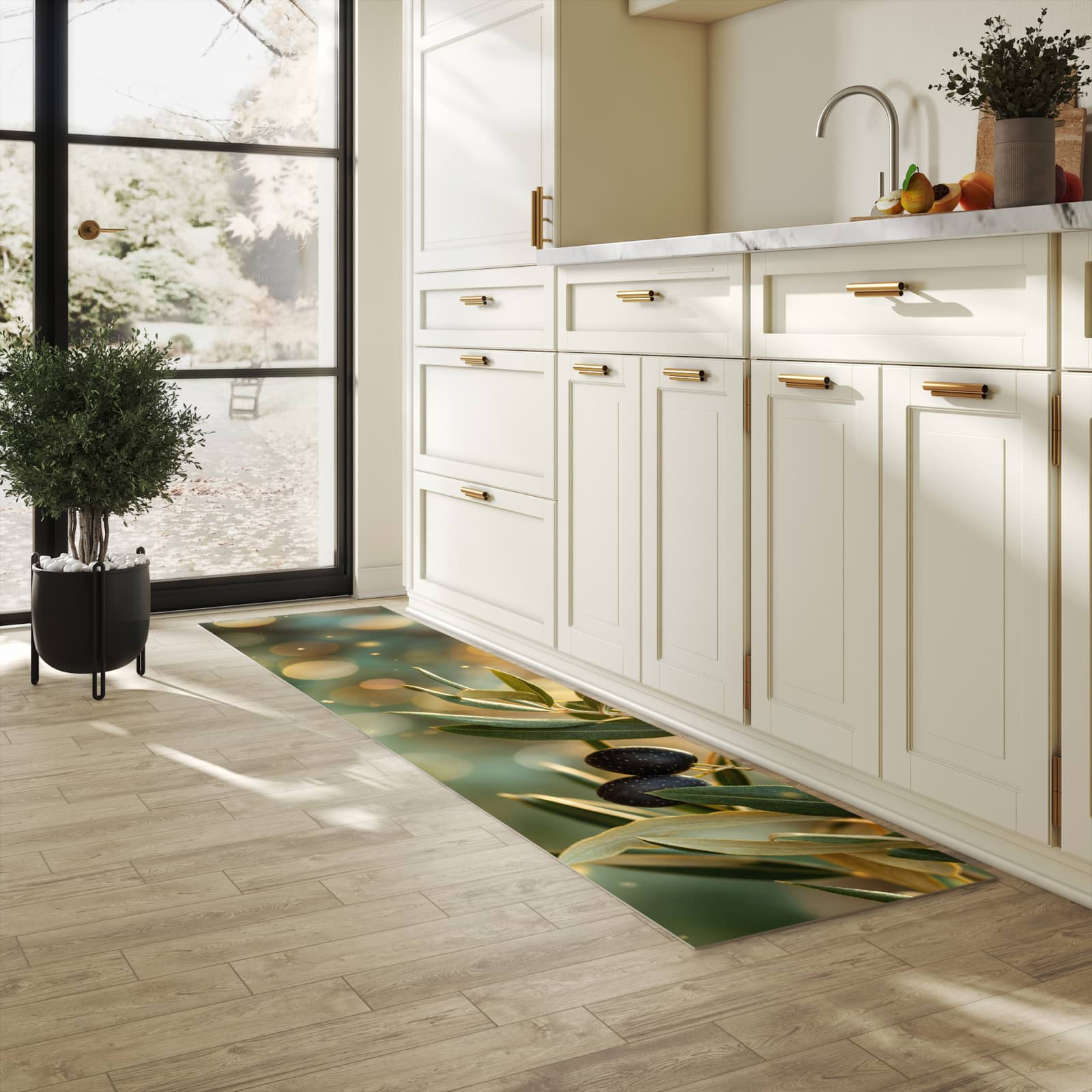 Formstabiler Küchenläufer mit Motiv Olivenzweig in heller Küche