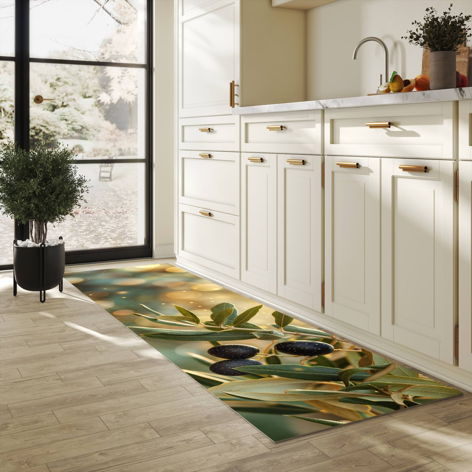 UV-beständiger Küchenläufer mit Motiv Olivenzweig in heller Küche