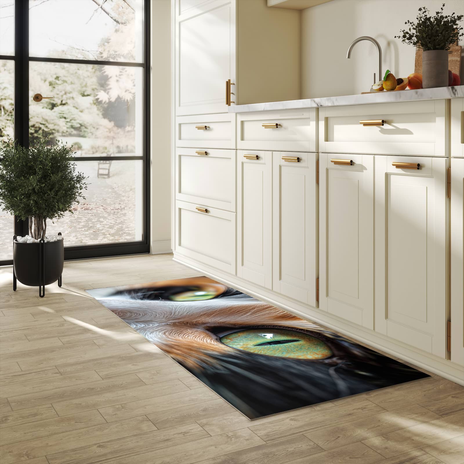 Hygienischer Küchenteppich mit Motiv Katzenaugen in heller Küche - abwaschbar