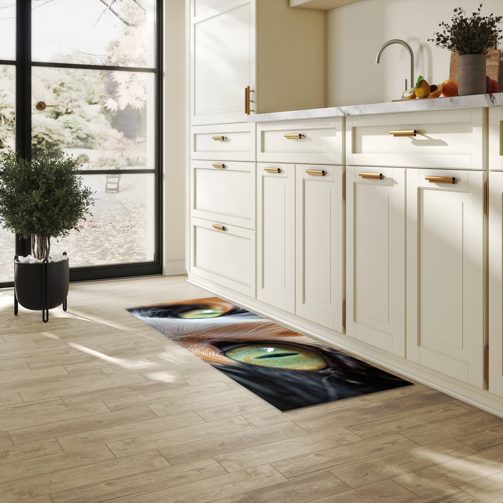 Pflegeleichter moderner Küchenläufer mit Motiv Katzenaugen in heller Küche