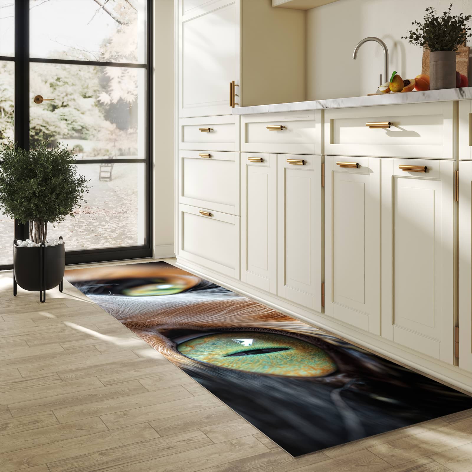 Langlebiger Küchenteppich mit Motiv Katzenaugen in heller Küche