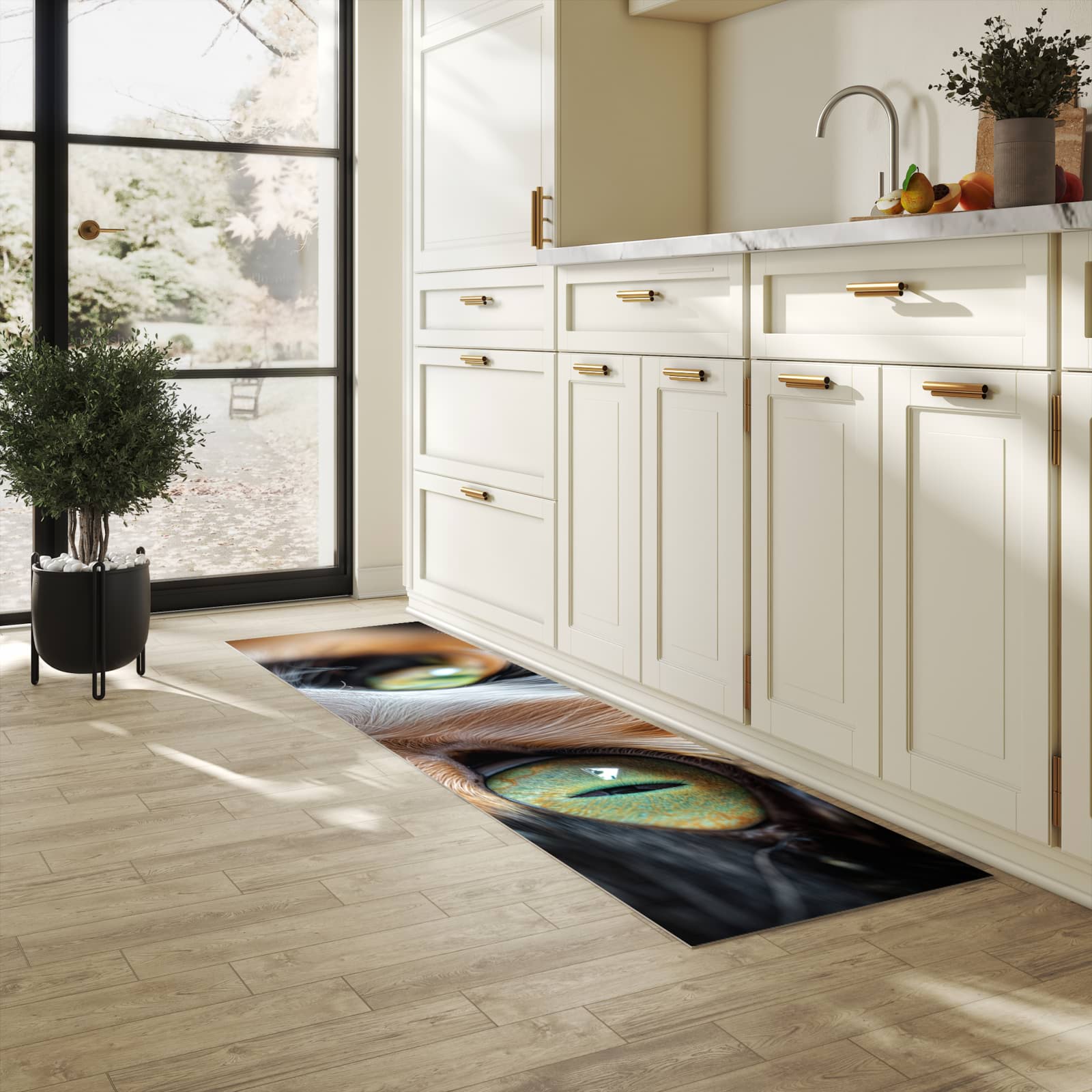 Komfortabler Küchenläufer nach Maß mit Motiv Katzenaugen in heller Küche