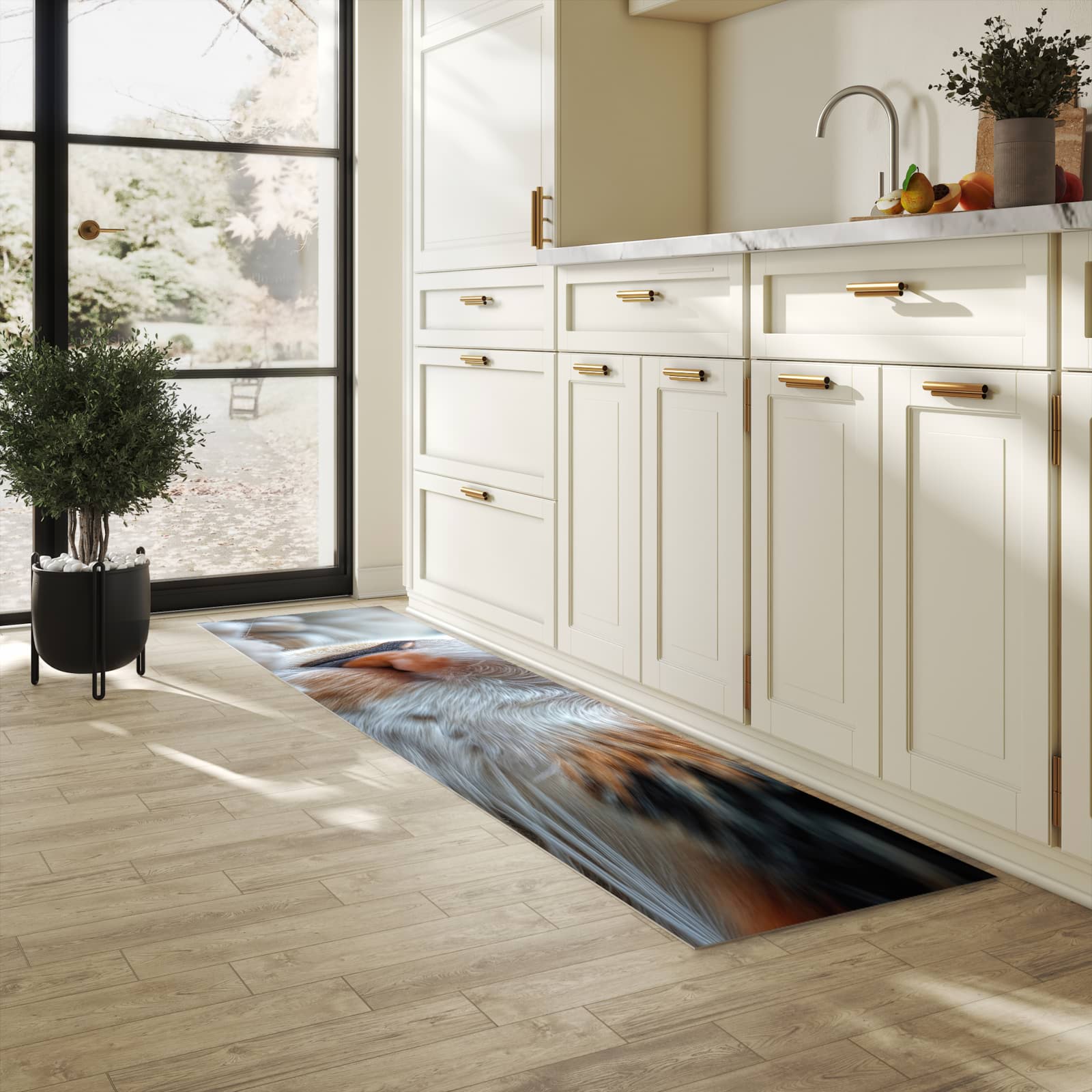 Rutschfester Küchenläufer mit Motiv Katzenaugen in heller Küche zum Waschen