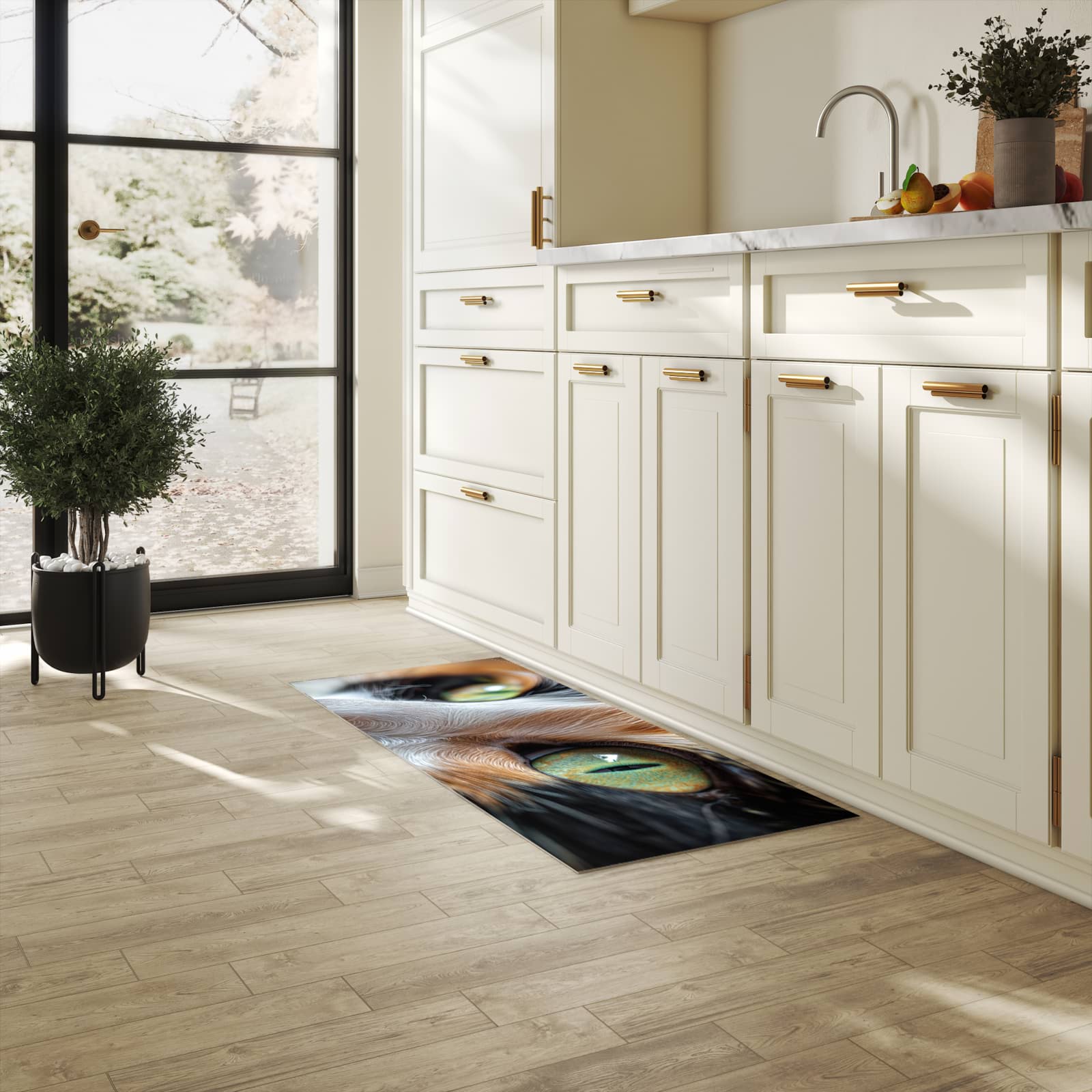 Flacher rutschfester Küchenläufer mit Motiv Katzenaugen in heller Küche