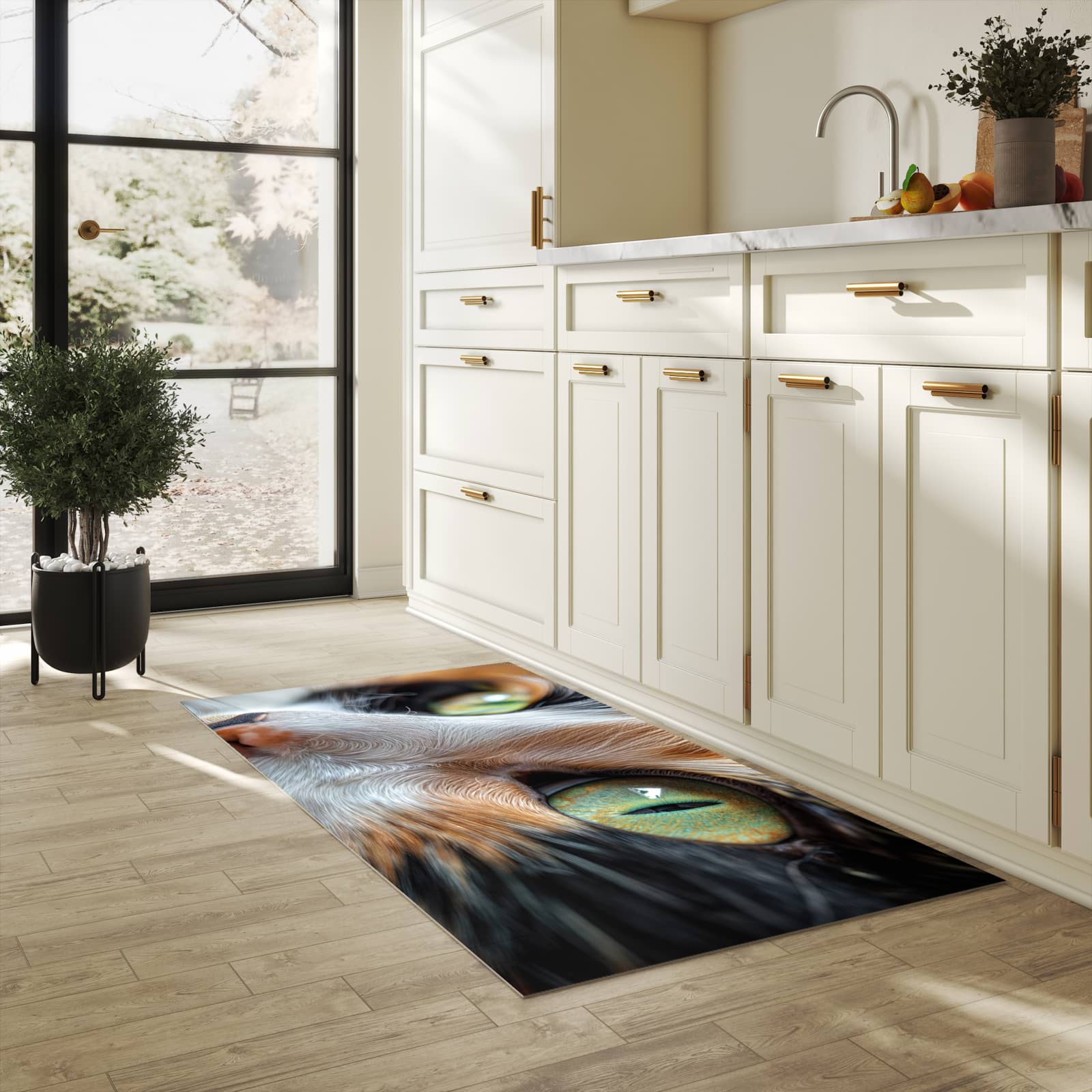 Rutschfester Küchenteppich mit Motiv Katzenaugen in heller Küche