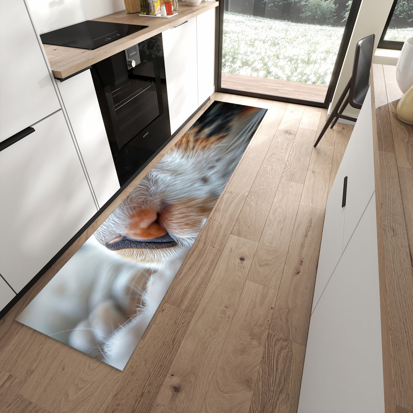 Farbbeständiger Küchenläufer mit Motiv Katzenaugen in moderner Küche