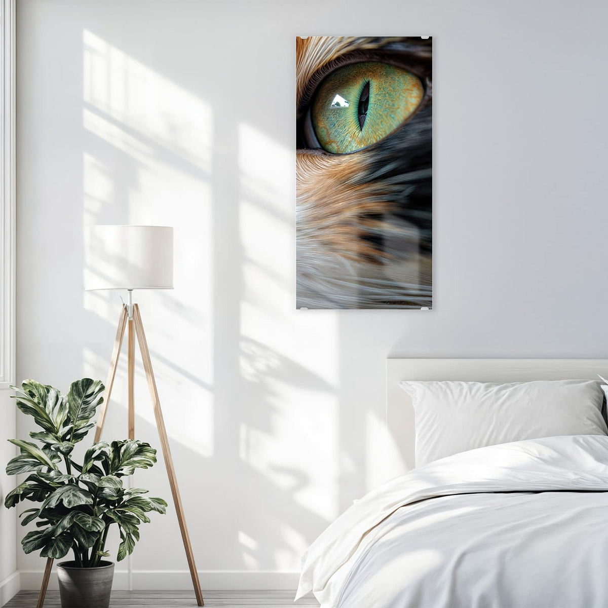Glasbild Grünäugige Katze an der Wand – Nahaufnahme eines weiß-roten Katzenkopfs mit leuchtend grünen Augen