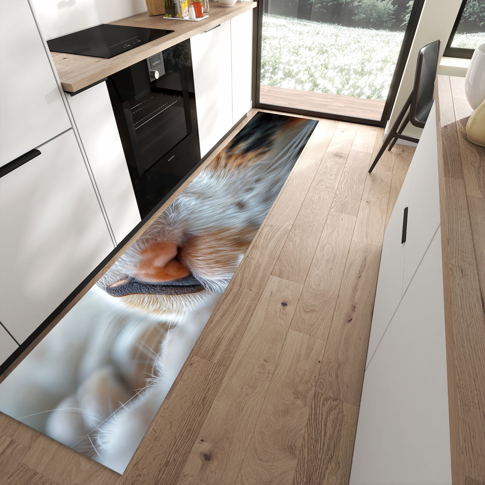 Formstabiler Küchenläufer nach Maß mit Motiv Katzenaugen in moderner Küche