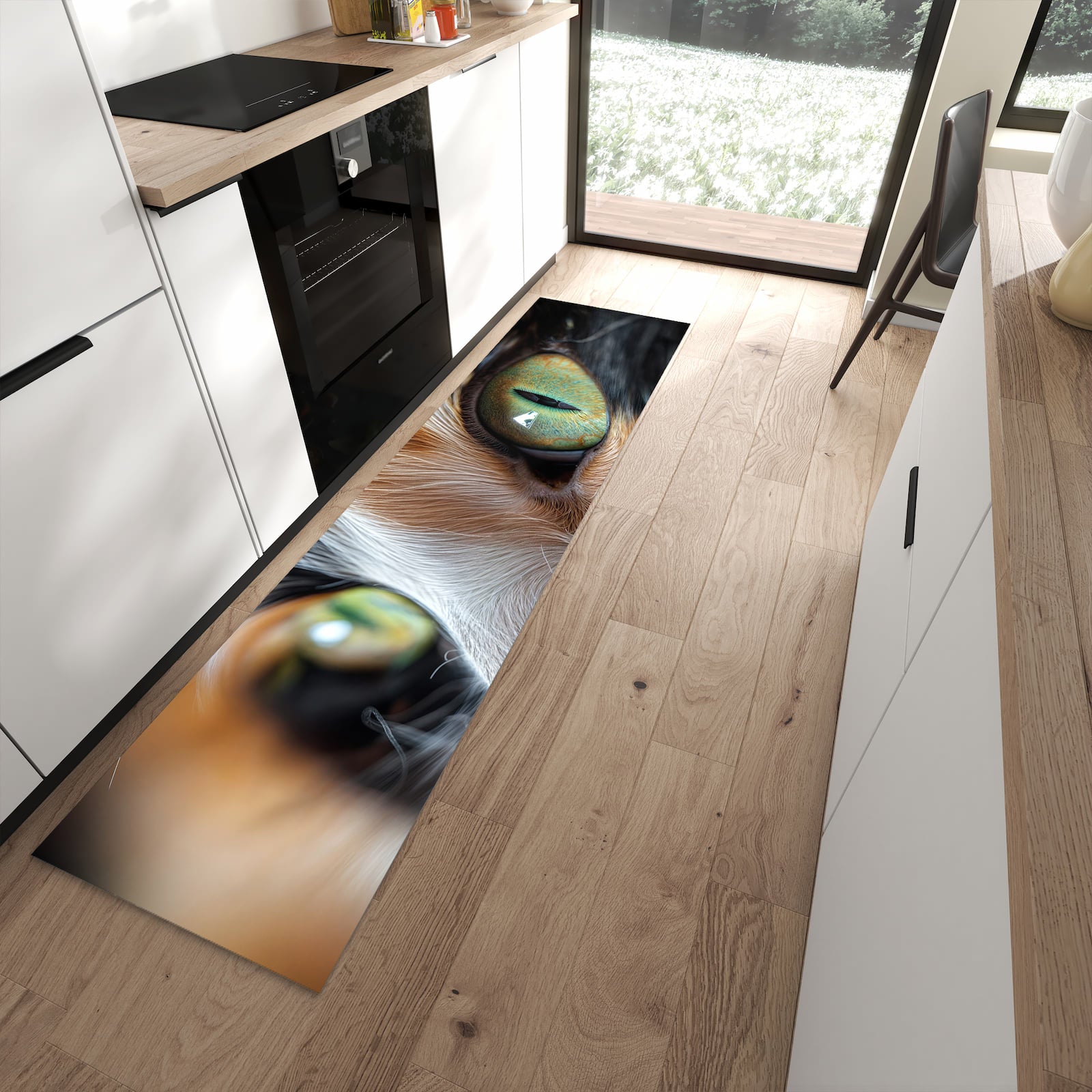 Bodenschonender rutschfester Küchenläufer mit Motiv Katzenaugen in moderner Küche